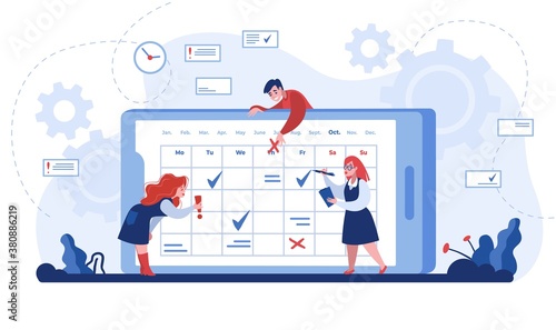 Online schedule. Cartoon business people organizing workflow and marking events in smartphone calendar application. Vector flat isolated time management and planning concept for mobile and web app