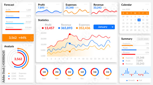 Infographic dashboard. Charts, bars and diagrams UI design elements for business presentation, mobile application and website template. White frames with statistics, calendar, forecast vector set