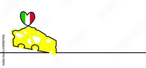 Italy, italia, italian flag withe cheese. Cheese month party. Line pattern. Fun flat vector foot sign. Piece of Cheese, holey cheese wedge, bloks, cubes and slices. Cute of cheeses icon. Cartoon.