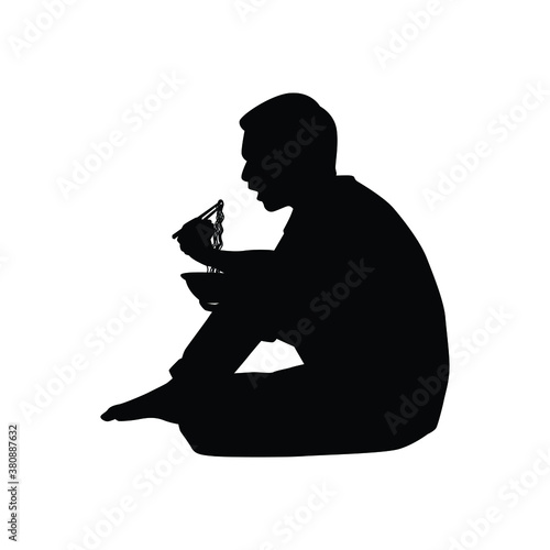 Sitting man eat noodle silhouette vector