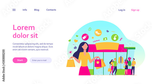 People standing at fashion store windows. Trendy woman carrying shopping bags from boutique. Vector illustration for fashion outlet, retail store, sale season concepts