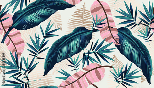 Exotic tropical vector background with Hawaiian plants and flowers. Spathiphyllum leaves background. Seamless vector pattern with jungle leave in trendy style.