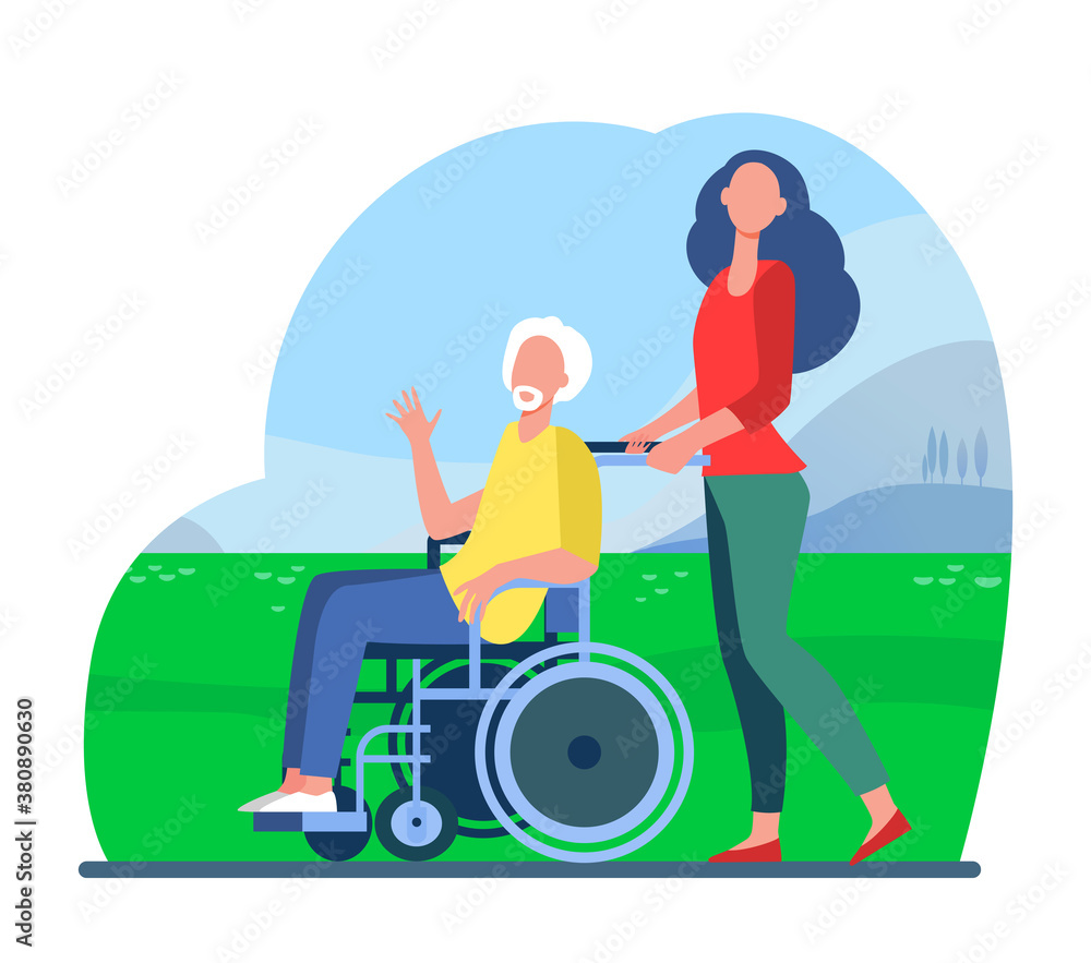 Young woman wheeling wheelchair with senior man. Volunteer helping disabled  person flat vector illustration. Disability, volunteering concept for  banner, website design or landing web page Stock Vector | Adobe Stock