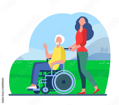 Young woman wheeling wheelchair with senior man. Volunteer helping disabled person flat vector illustration. Disability, volunteering concept for banner, website design or landing web page