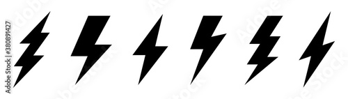 Lightning bolt icons set. Energy and thunder symbol. Lightning strike vector icon on white background. Vector illustration.