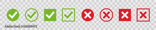 Set green check marks and red crosses of simple web buttons. Circle and square. Large collection of flat buttons. Vector illustration.