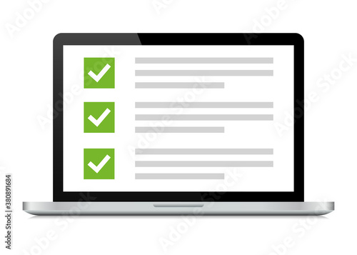 Laptop with checklist, checkbox and marks. Desktop computer with checkbox screen. Realistic computer isolated on white background. Vector illustration.