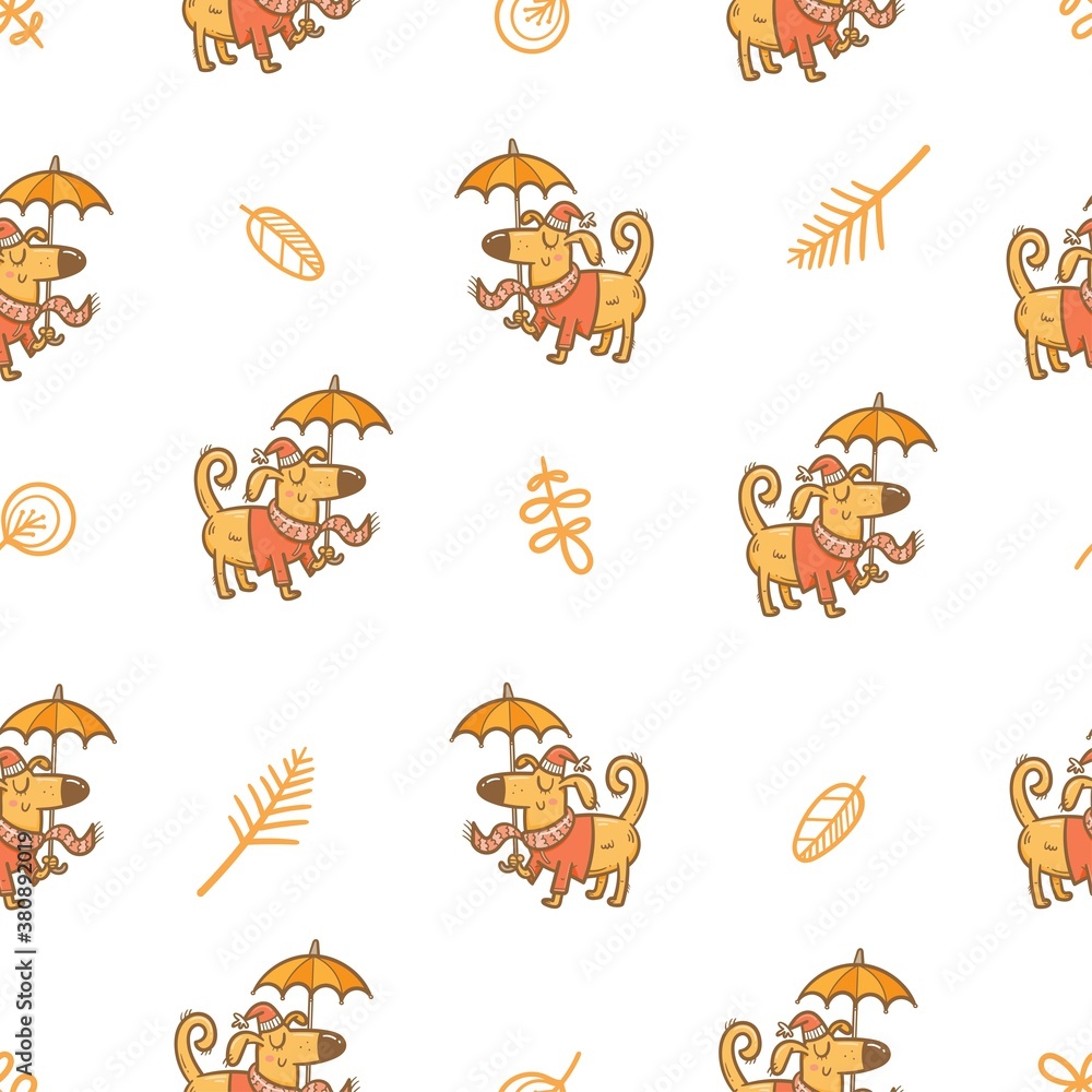 Autumn seamless pattern with cute cartoon dogs on white background. Funny pets in hats and scarfs. Leaf fall. Autumn seamless pattern with cute cartoon dogs on white background. Funny pets in hats and scarfs. Leaf fall.