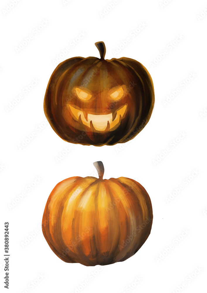 Obraz premium Halloween pumpkin. Two pumpkins, glowing, evil face. Isolated element for design patterns, cards, invitations.