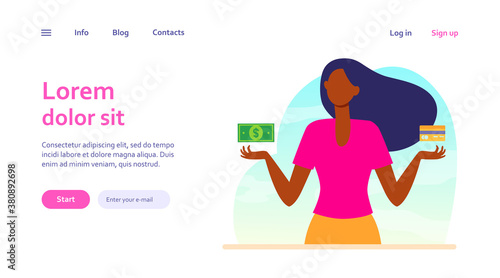 Cash vs credit card. Woman choosing between money and plastic card flat vector illustration. Payment, finance, budget concept for banner, website design or landing web page