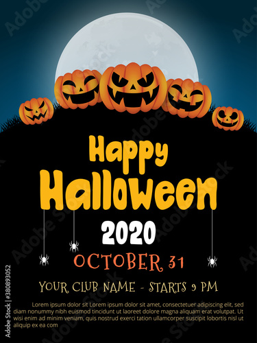 Halloween vertical background with pumpkin  haunted house and full moon. Flyer or invitation template for Halloween party. Vector illustration.