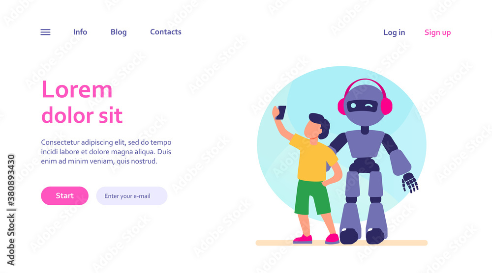 Boy taking selfie with humanoid. Child with cyborg, kid with robot flat vector illustration. Robotics, engineering, childhood concept for banner, website design or landing web page Boy taking selfie with humanoid. Child with cyborg, kid with robot flat vector illustration. Robotics, engineering, childhood concept for banner, website design or landing web page