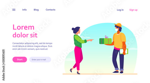 Courier delivering package to customer. Young woman receiving parcel flat vector illustration. Hand delivery, shipping service, online order concept for banner, website design or landing web page