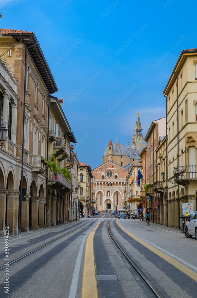 view of a street in Padua with the basilica in the background