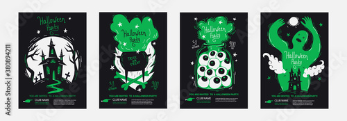Halloween party posters invitations set in minimalism duo tone style, good for typography print. Template layout of  invite with lettering title - "Halloween Party" and hand drawn vector illustrations