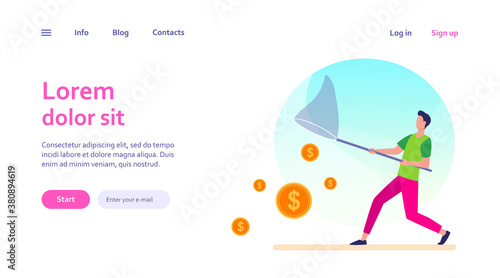 Man catching money with butterfly net. Cash, coins, dollar flat vector illustration. Finance, earning, income concept for banner, website design or landing web page