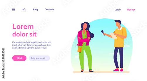 Male journalist interviewing young woman. Microphone, question, dialog flat vector illustration. Show and television concept for banner, website design or landing web page