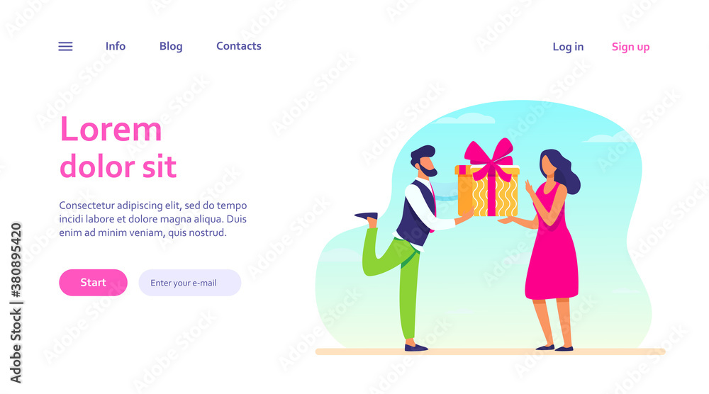 Bearded man giving gift to surprised woman. Present, boyfriend, couple flat vector illustration. Event and love concept for banner, website design or landing web page