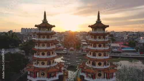 Aerial travelling in between Dragon and Tiger Pagodas at sunset, Kaohsiung Taiwan