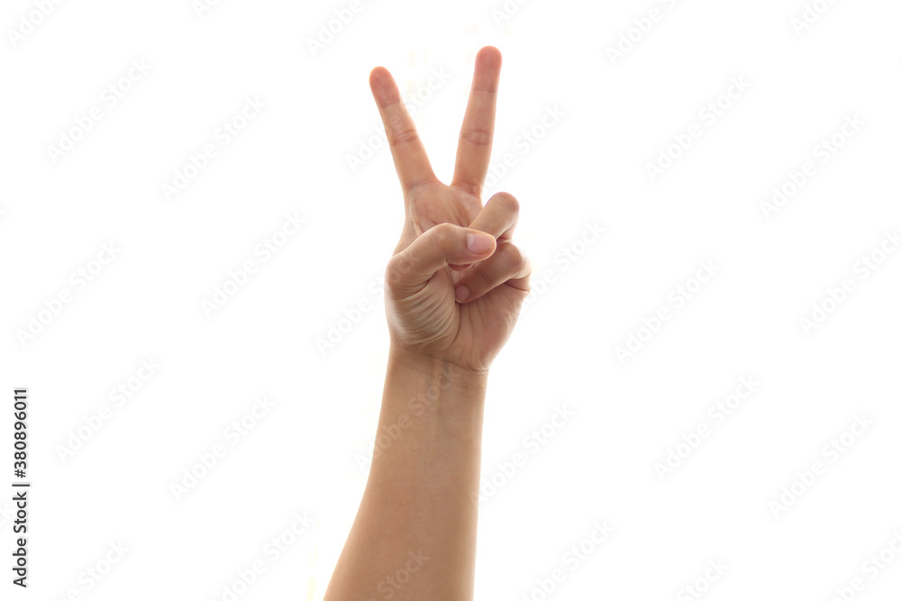 Gesture of hand showing number two with fingers isolated on white Gesture of hand showing number two with fingers isolated on white
