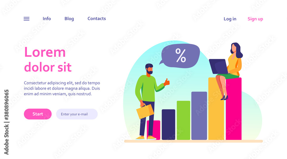 Bank client and manager discussing interest rate. People talking, using laptop, growth bar chart flat vector illustration. Finance, loan concept for banner, website design or landing web page