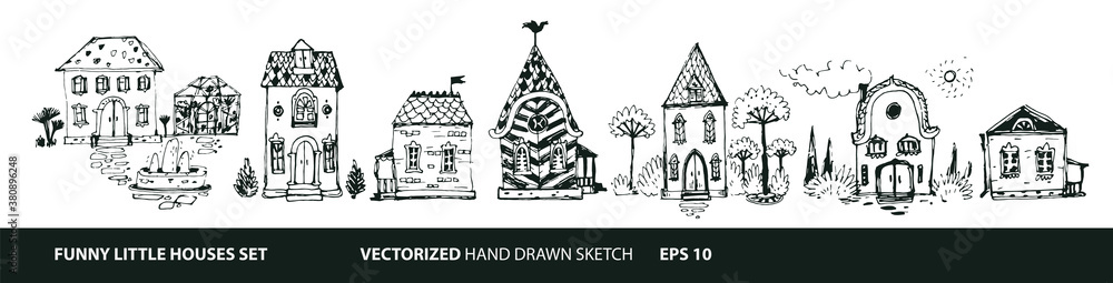Set of Houses in hand drawn doodle style. Street with different types of houses - cottage, mansion, 
hut, cabin, chalet. Vector illustration with white isolated background.