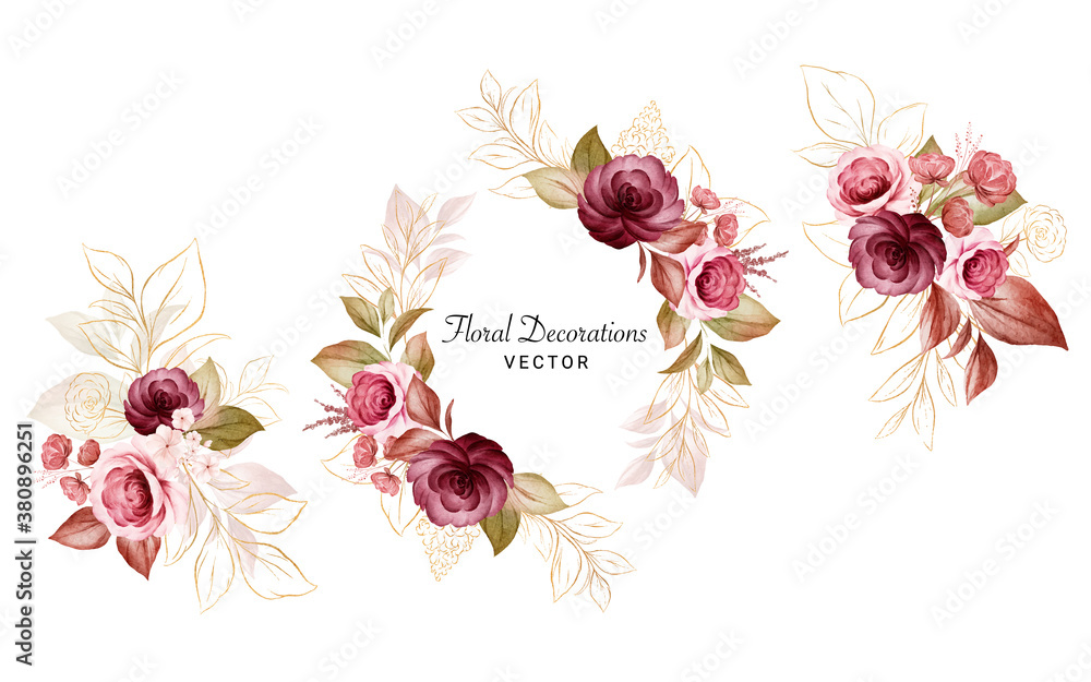 Set of gold watercolor floral arrangements of burgundy and peach roses and leaves. Botanic decoration illustration for wedding card, fabric, and logo composition