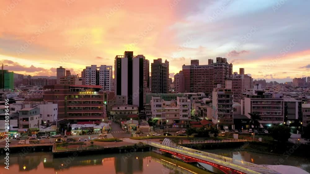 Slow travelling going up into Kaohsiung skyline at sunset, Kaohsiung, Taiwan Slow travelling going up into Kaohsiung skyline at sunset, Kaohsiung, Taiwan