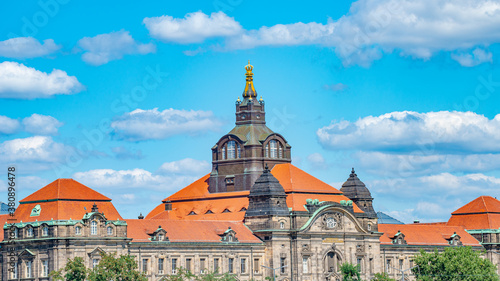 View of State Government Office in Dresden downtown across the river Elbe, Dresden, Germany, summer, blue sky