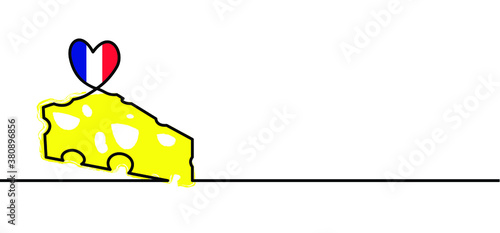 France, French flag withe cheese. Cheese month party. Line pattern. Fun flat vector foot sign. Piece of Cheese, holey cheese wedge, bloks, cubes and slices. Cute of cheeses icon. Cartoon.