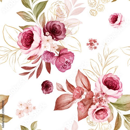 Gold floral seamless pattern of burgundy and peach watercolor roses and wild flowers arrangements on white background for fashion, print, textile, fabric, and card background