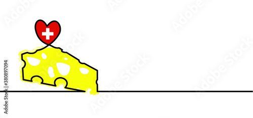 Switzerland, Swiss flag withe cheese. Cheese month party. Line pattern. Fun flat vector foot sign. Piece of Cheese, holey cheese wedge, bloks, cubes and slices. Cute of cheeses icon. Cartoon.