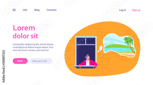 Man staying at home and dreaming about tropical vacation. Palms and beach in thought bubble flat vector illustration. Lockdown, travel ban concept for banner, website design or landing web page