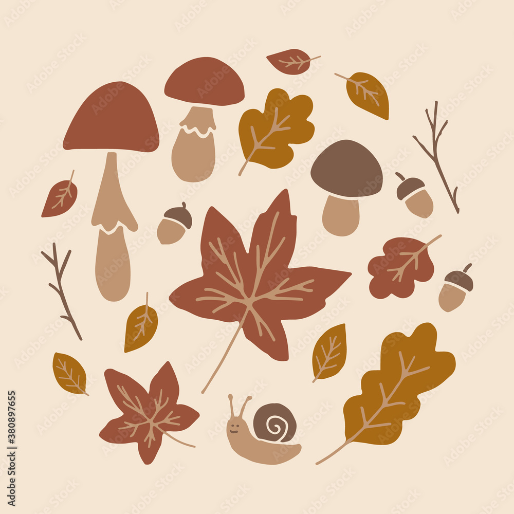 Funny Infantile Style Vector Card with Hand Drawn Autumn Leaves, Mushrooms and Cute Little Snail