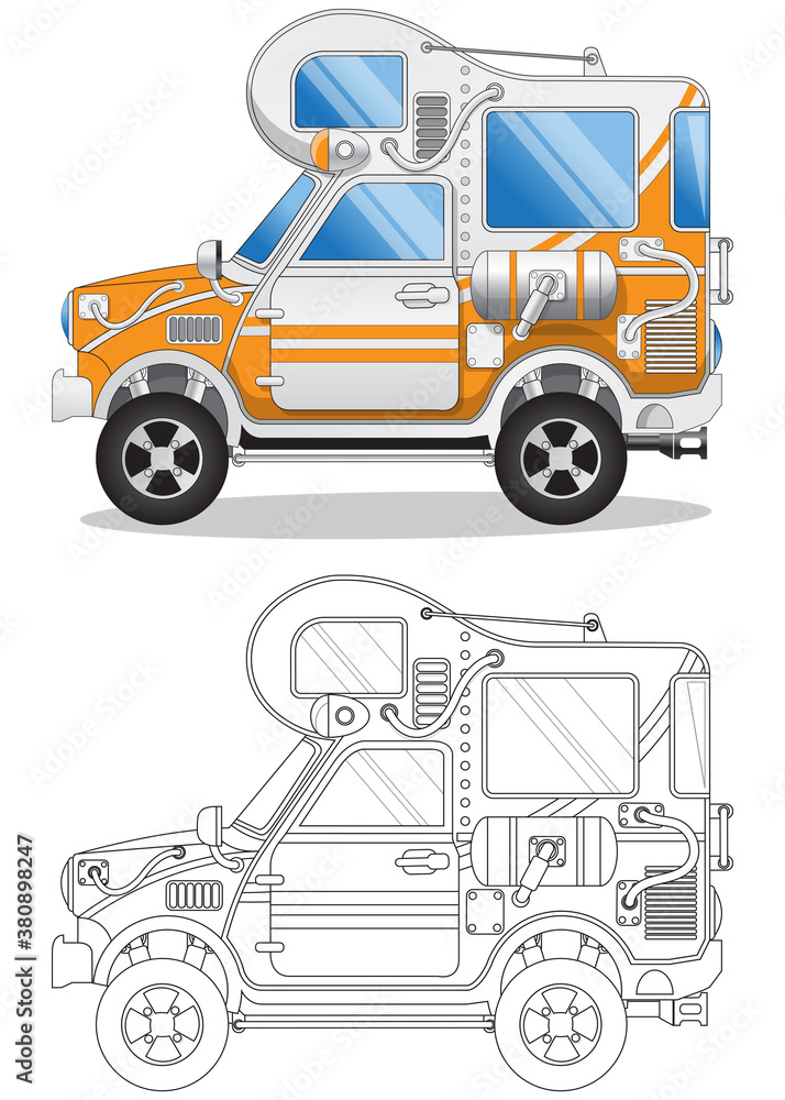 Funny camper van. Isolated on white background. Vector illustration.