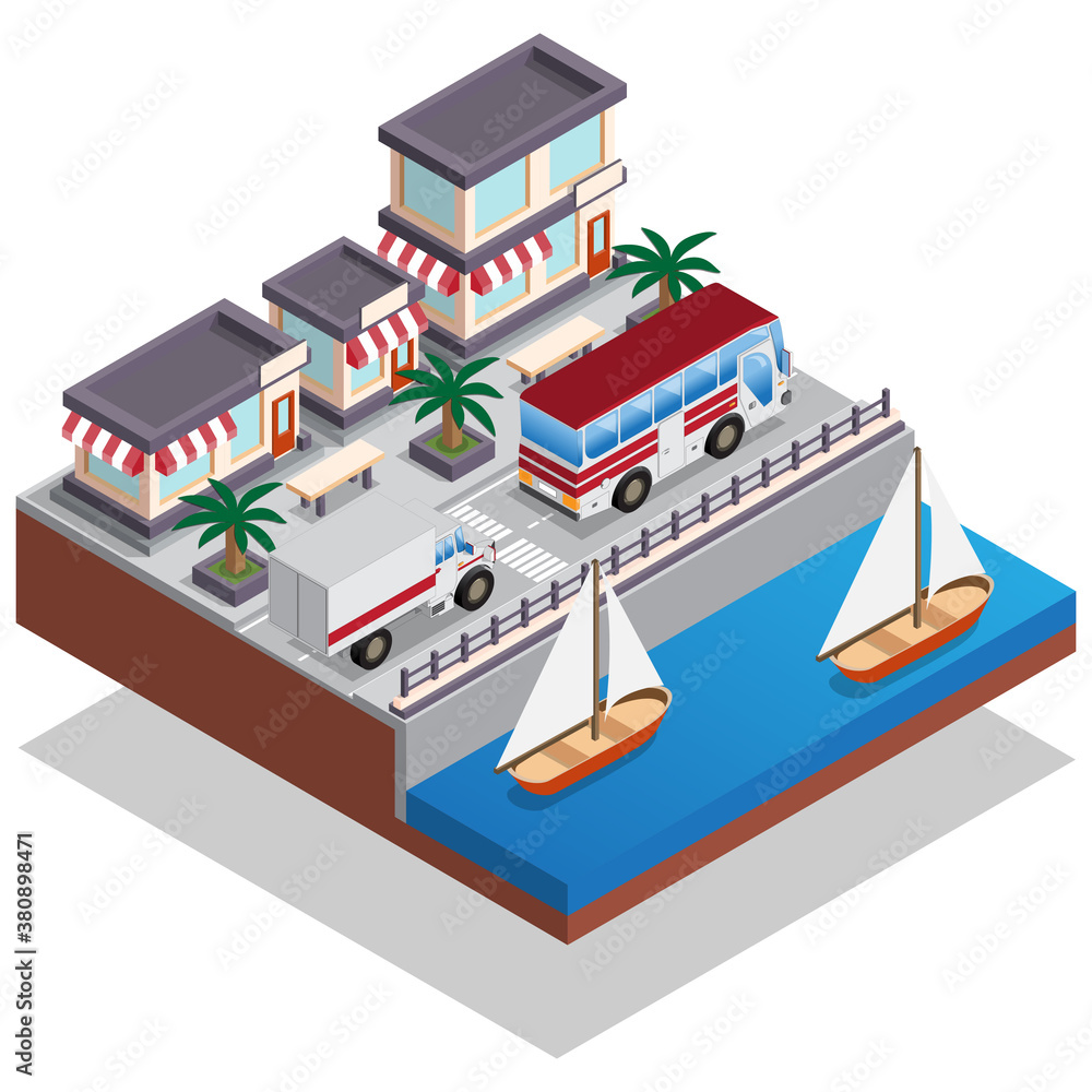 The city embankment. Isometric. Isolated on white background. Vector illustration. The city embankment. Isometric. Isolated on white background. Vector illustration.