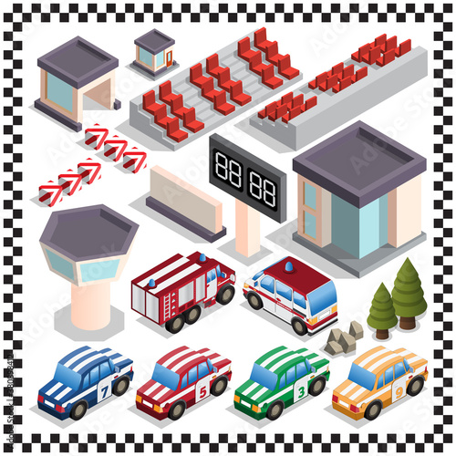 A set of elements for car racing. Isometric. Isolated on white background. Vector illustration.