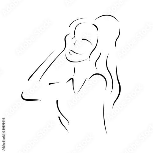 Hand-drawn abstract black outline of the figure of a girl with a ponytail which props her head with her hand. Isolated vector illustration for logos, banners, fashion articles and beauty salons.