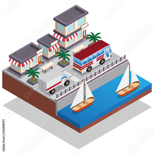 The city embankment. Isometric. Isolated on white background. Vector illustration.