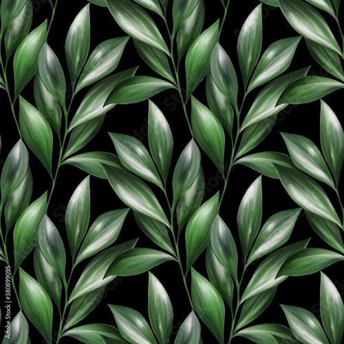 Green leaves seamless pattern on black background