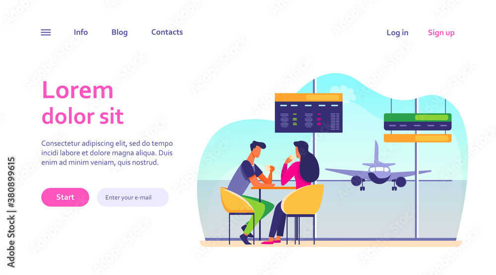 Couple of tourists drinking coffee in airport. Man and woman waiting boarding flat vector illustration. Travel, aviation concept for banner, website design or landing web page