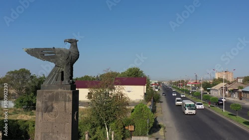 The eagle monument in Zvartnots, Yerevan.Armenia. Aerial view on statue of eagle, near Zvartnotc pagan. 
It is included in the list of immovable monuments of Vagharshapat history and culture. photo