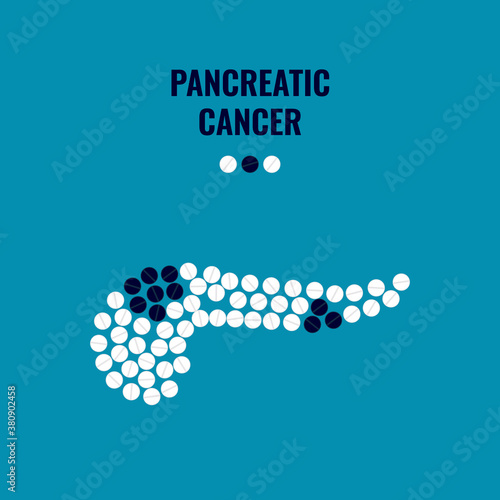 Pancreatic cancer awareness poster with pancreas made of pills on blue background. Human body organ anatomy icon. Endocrine and digestive system disease. Medical solidarity concept.