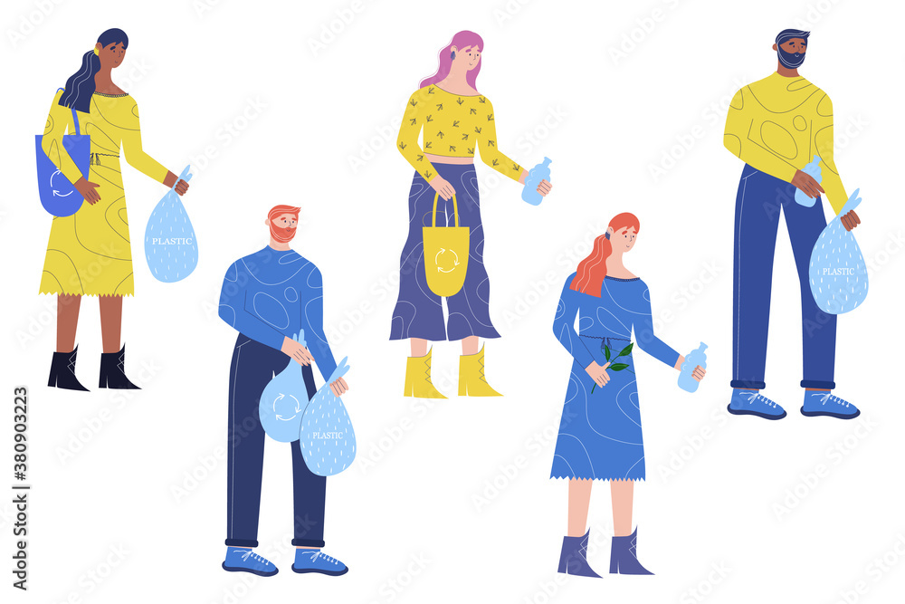 Garbage sorting concept. Set of different people. Cartoon style. Vector illustration isolated on white background.