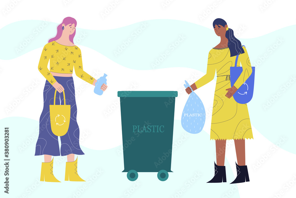 Garbage sorting concept. Young women throw plastic in a trash can. Vector illustration in cartoon style.