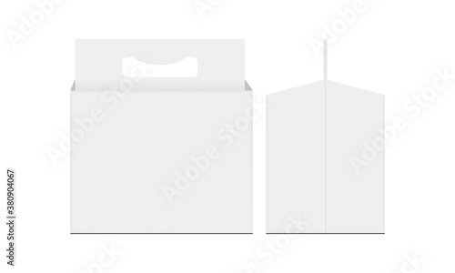 Cardboard carrier packing box with handle for bottle beer, front and side view. Vector illustration