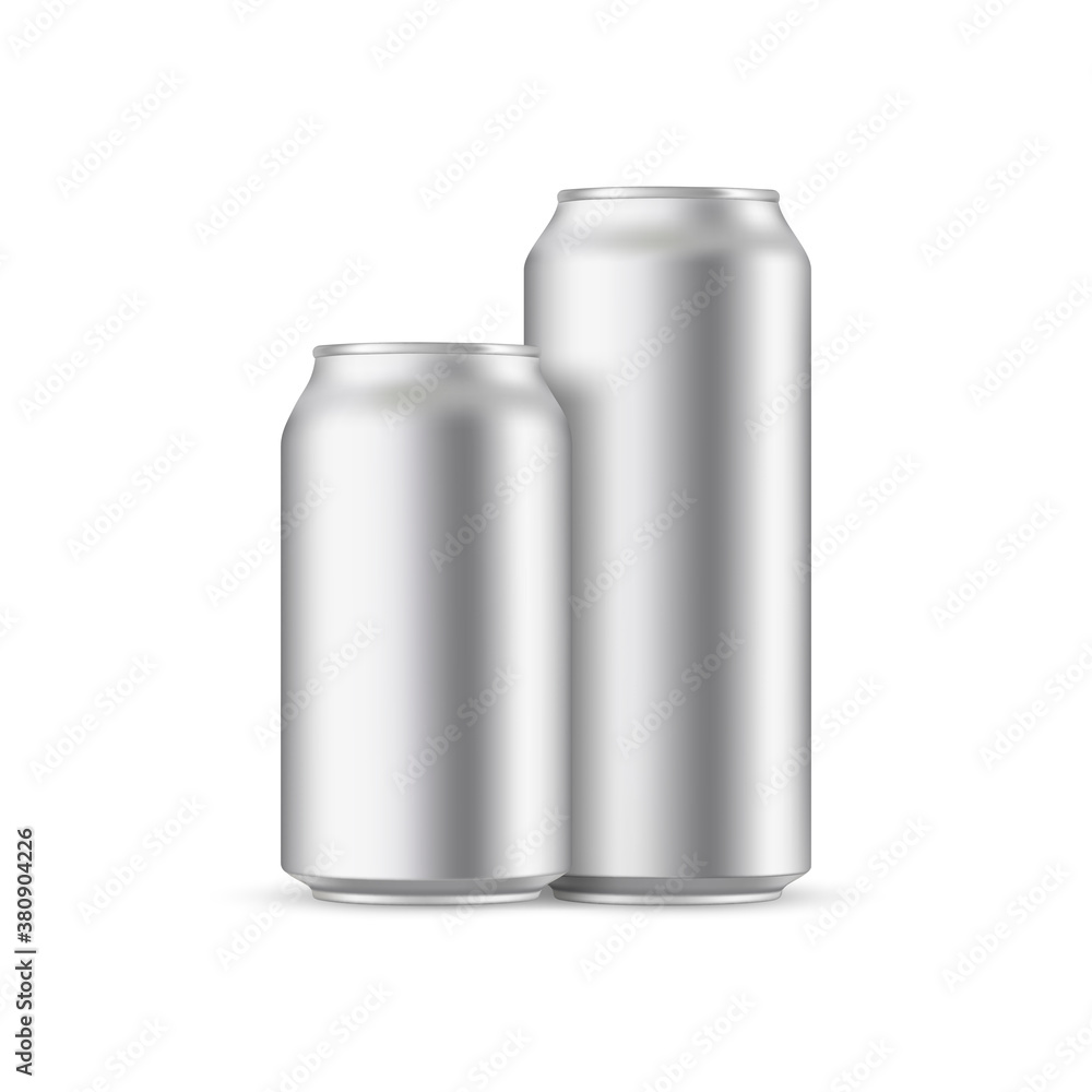 Two metallic cans mockup, front view, isolated on white background. Vector illustration Two metallic cans mockup, front view, isolated on white background. Vector illustration