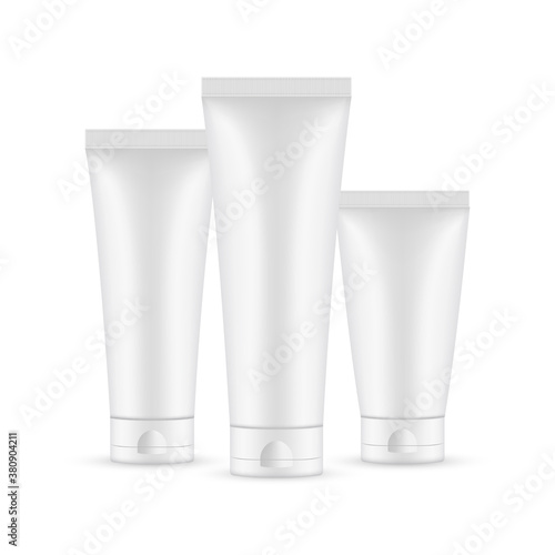 Plastic cosmetic tubes with various sizes, front view, isolated on white background. Vector illustration