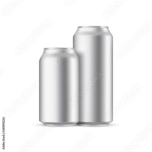 Two metallic cans mockup, front view, isolated on white background. Vector illustration
