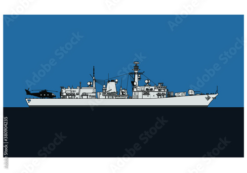 Modern warship. Royal navy type 23 duke-class anti-submarine frigate. Vector image for illustrations and infographics.